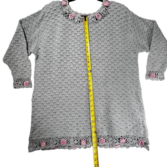 Vintage Handmade Crochet Green Tunic Sweater Pink Roses Colleens Collectables - Picture 13 of 13